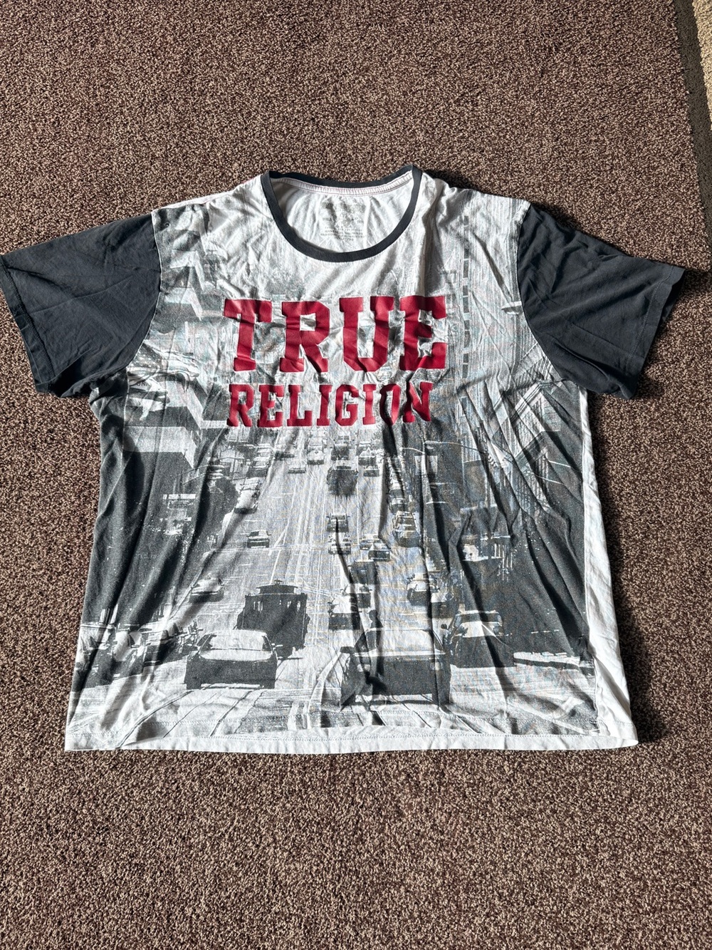 True Religion Two-Tone Graphic Tee in White, Black & Red